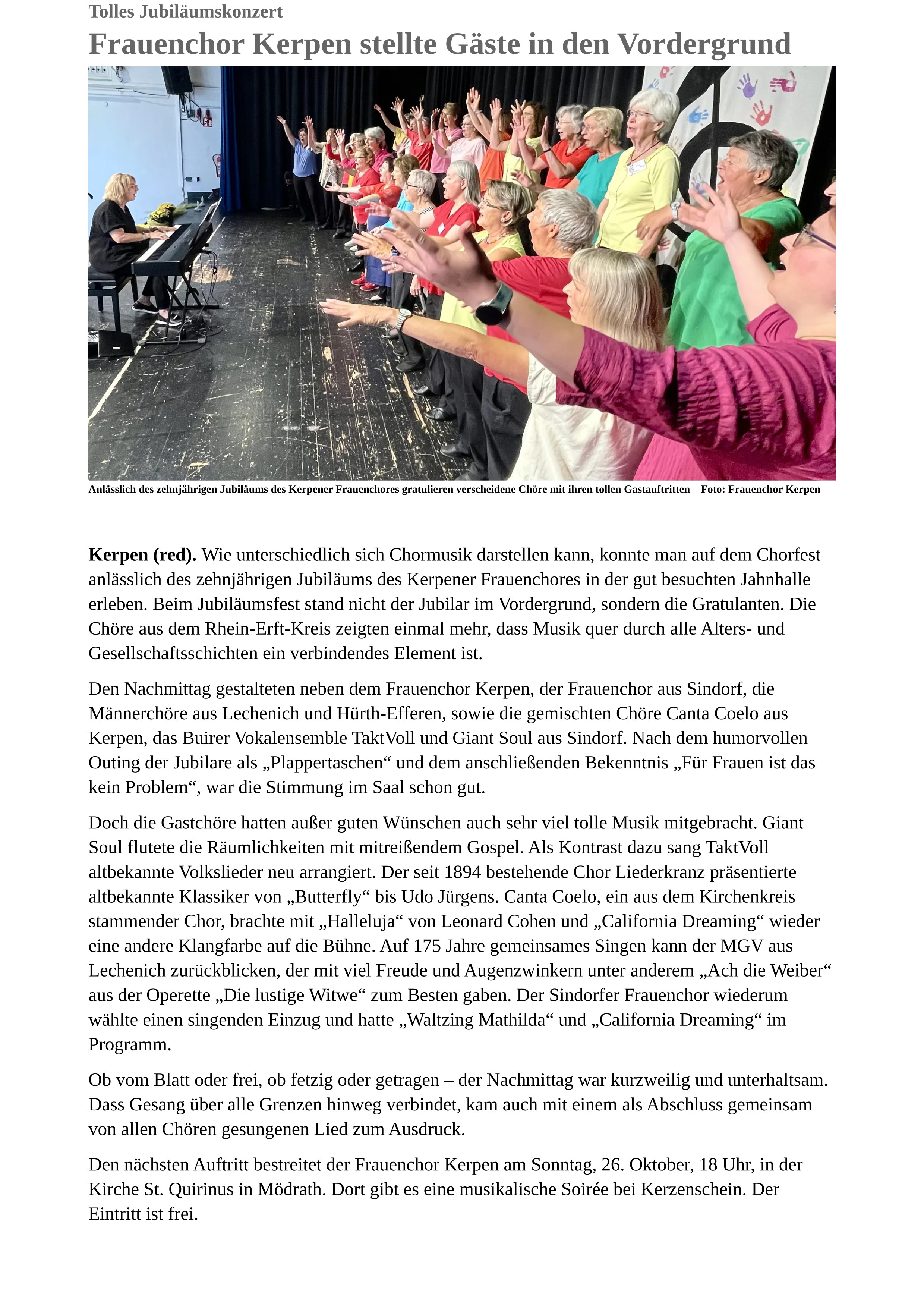 Pressebericht Rheinische Anzeigenblätter zum Jubiläumskonzert 2025