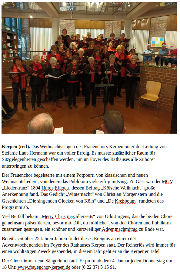 Pressebericht Rheinische Anzeigenblätter zum Weihnachtssingen 2023