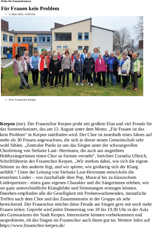 Pressebericht Rheinische Anzeigenblätter zum Probenwochenende