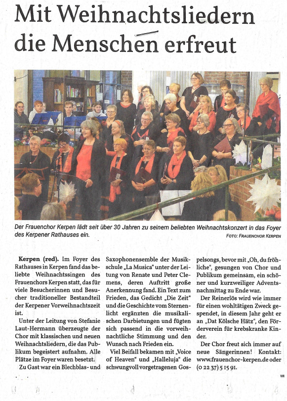 Bericht Werbepost Kerpen zum Weihnachtssingen 2024