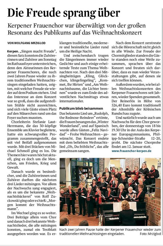 Pressebericht KSTA Frauen Weihnachtssingen Rathaus Kerpen